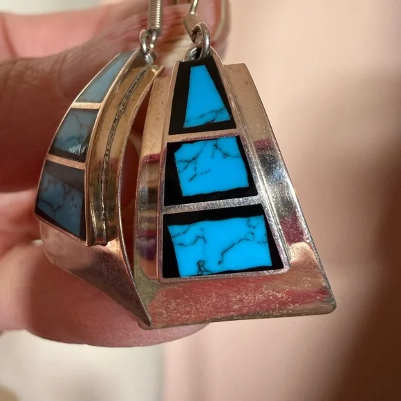 Taxco Vintage sterling silver turquoise southwestern oversized earrings - Picture 15 of 17